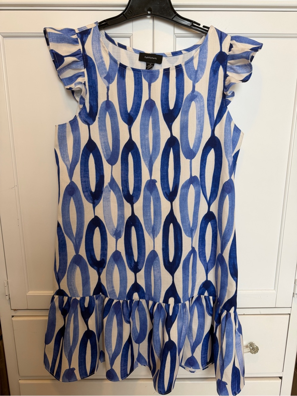 R & M Richards Blue and White Sleeveless Ruffle Hem Dress